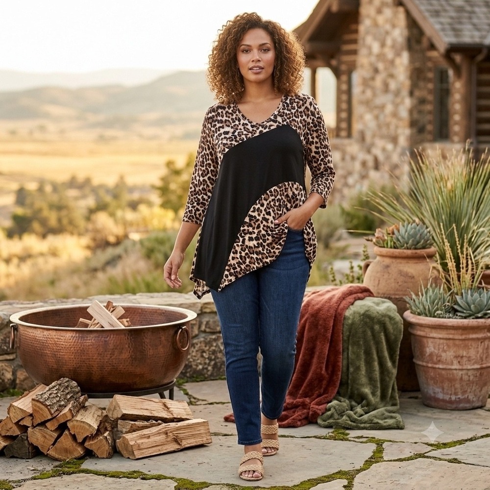 Larace Women Leopard Print Mob Wife Colorblock Asymmetrical Tunic Top 4X African